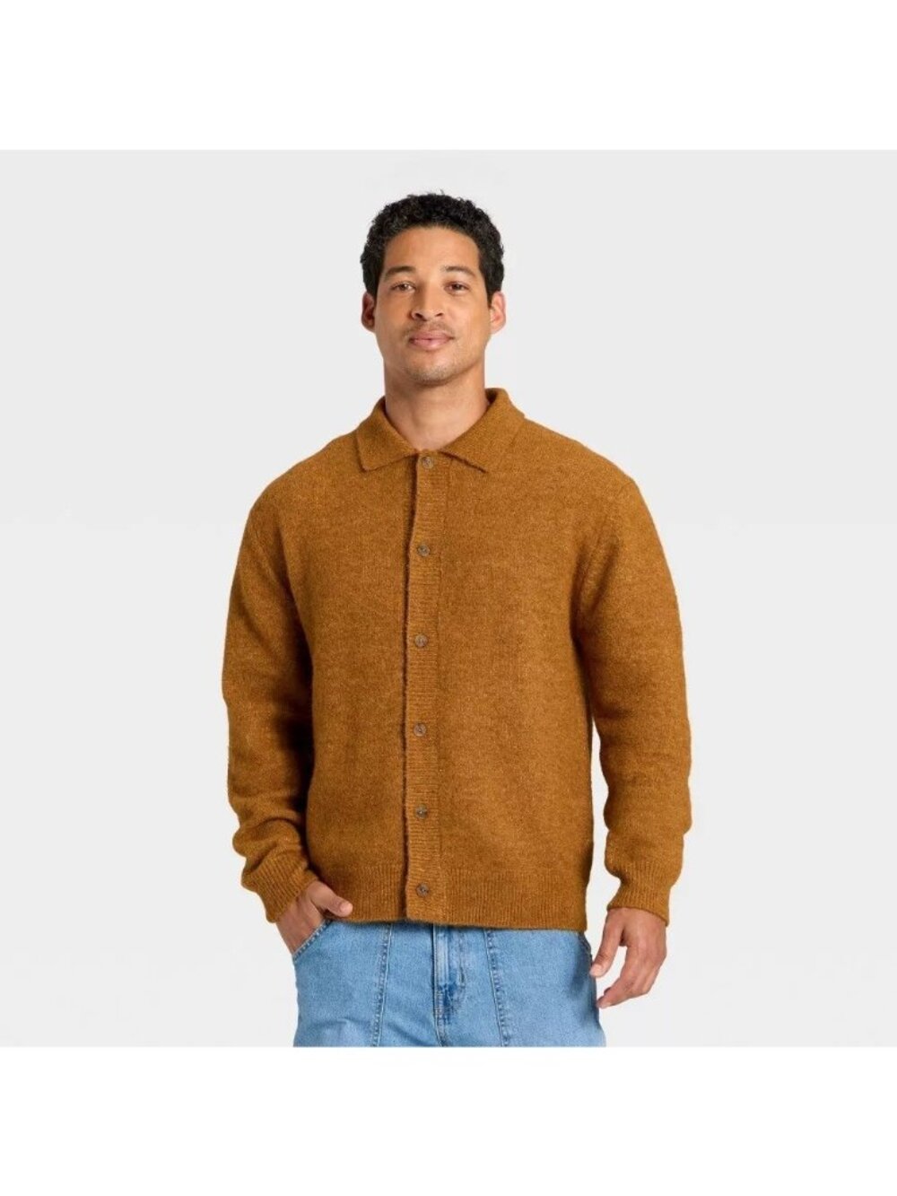 Goodfellow Dark Gold Collared Full Button Cardigan Sweater -- Men's Size Medium